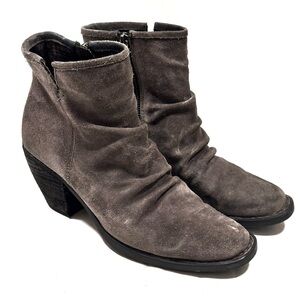 Born Aire Ruched Gray Suede Stacked Heel Ankle Boots